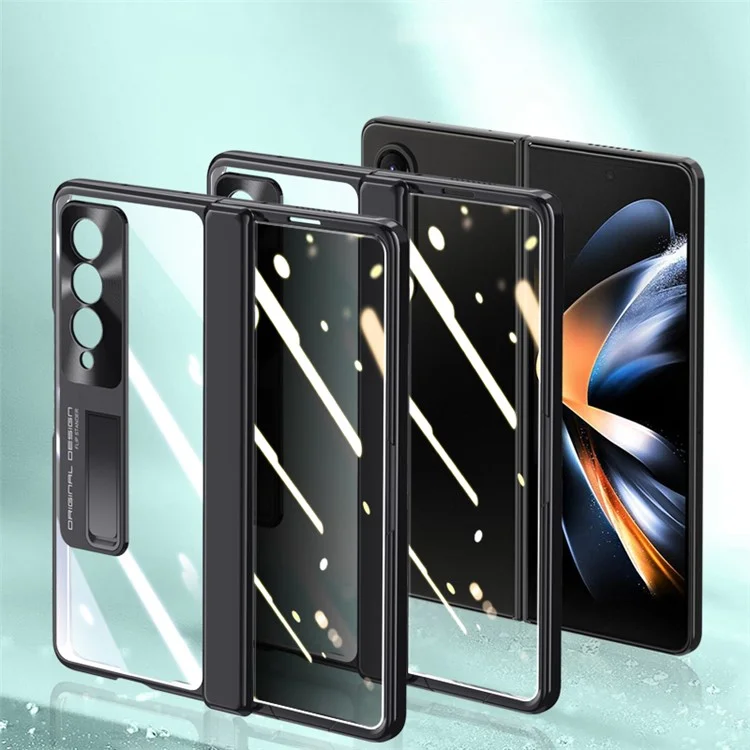 Para Galaxy Z Fold4 5G Capa de Telefone, Capa com Suporte Eletrolítico e Protetor de Tela HD Transparente - Preto