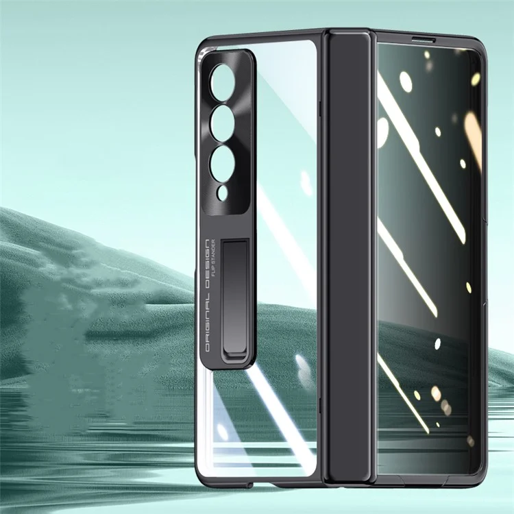 Para Galaxy Z Fold4 5G Capa de Telefone, Capa com Suporte Eletrolítico e Protetor de Tela HD Transparente - Preto
