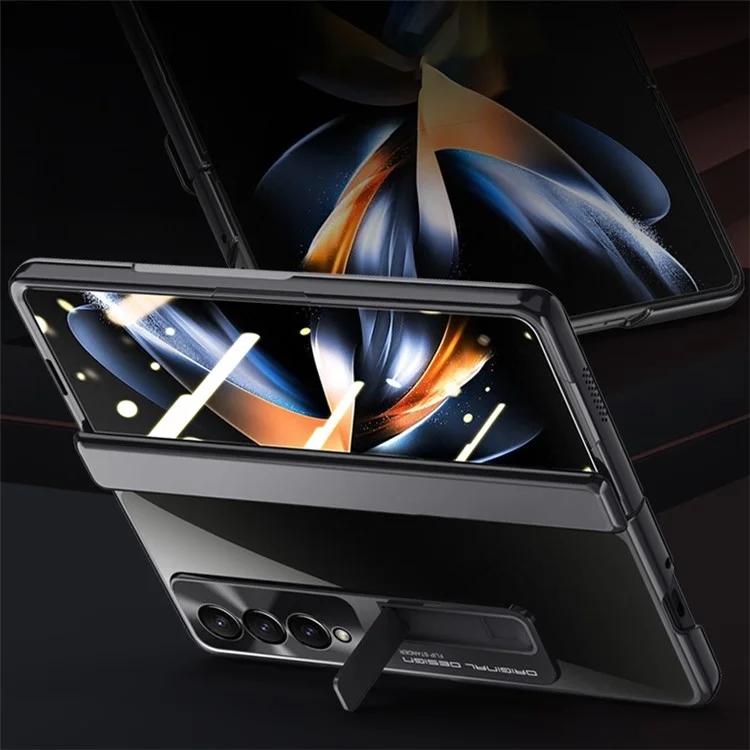 Para Galaxy Z Fold4 5G Capa de Telefone, Capa com Suporte Eletrolítico e Protetor de Tela HD Transparente - Preto
