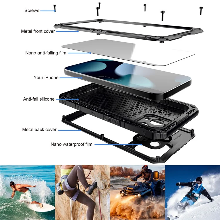 Pour iPhone 15 Pro Max IP68 Étui étanche anti-chute Housse de protection avec protecteur d'écran - Noir