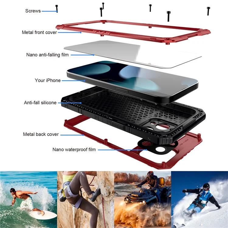 Funda Impermeable IP68 para iPhone 15 Pro, Funda de PC+Silicona con Protector de Pantalla - Rojo