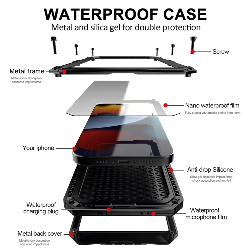For iPhone 15 IP68 Waterproof Case Drop-proof PC+Silicone Cover with Screen Protector - Black