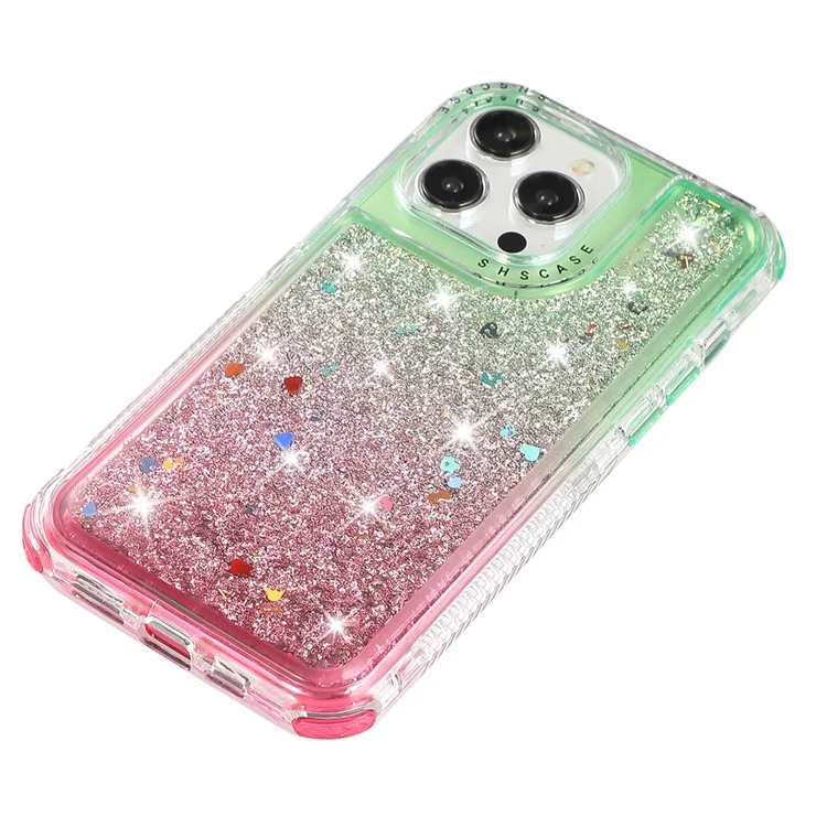 Для iPhone 12 6.1 дюйма / 12 Pro 6.1 дюйма Чехол Anti Slip TPU+PC Gradient Quicksand Protective Back Shell - Зеленый+Розовый