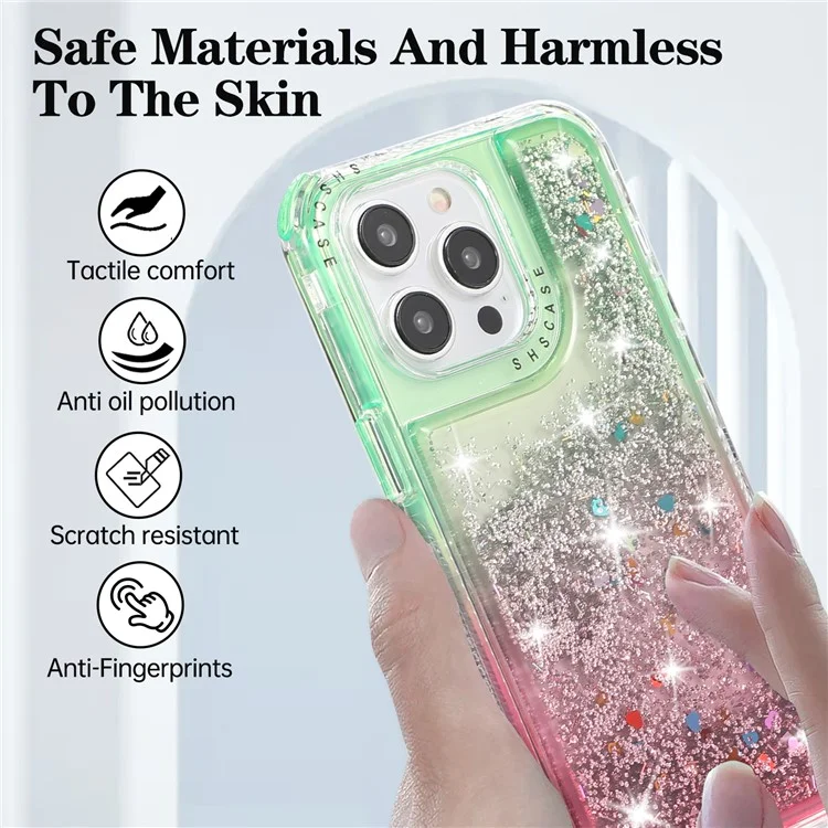 Для iPhone 12 6.1 дюйма / 12 Pro 6.1 дюйма Чехол Anti Slip TPU+PC Gradient Quicksand Protective Back Shell - Зеленый+Розовый