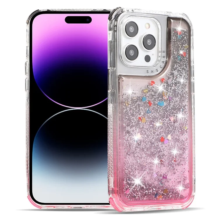 For iPhone 14 Pro Case Gradient Liquid Floating Quicksand Scratch-proof TPU+PC Mobile Phone Cover - Black+Pink