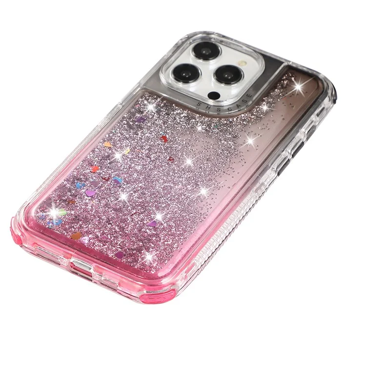 For iPhone 14 Pro Case Gradient Liquid Floating Quicksand Scratch-proof TPU+PC Mobile Phone Cover - Black+Pink