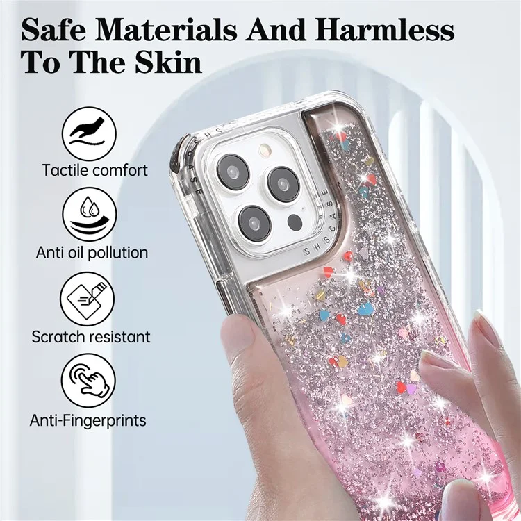For iPhone 14 Pro Case Gradient Liquid Floating Quicksand Scratch-proof TPU+PC Mobile Phone Cover - Black+Pink