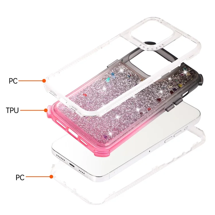 For iPhone 14 Pro Case Gradient Liquid Floating Quicksand Scratch-proof TPU+PC Mobile Phone Cover - Black+Pink