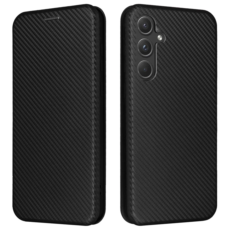 For Samsung Galaxy A55 5G Phone Leather Case Card Holder Carbon Fiber Texture - Black