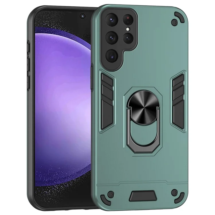 Für Samsung Galaxy S24 Ultra Case Ring Kickstand PC+TPU Handyhülle Unterstützung Magnetische Autohalterung - Grün