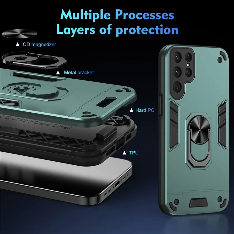 Für Samsung Galaxy S24 Ultra Case Ring Kickstand PC+TPU Handyhülle Unterstützung Magnetische Autohalterung - Grün