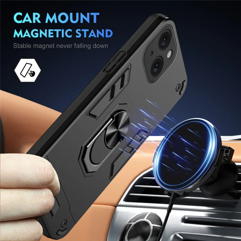 For iPhone 15 Cell Phone Case PC+TPU Kickstand Cover Fits Magnetic Car Mount - Black