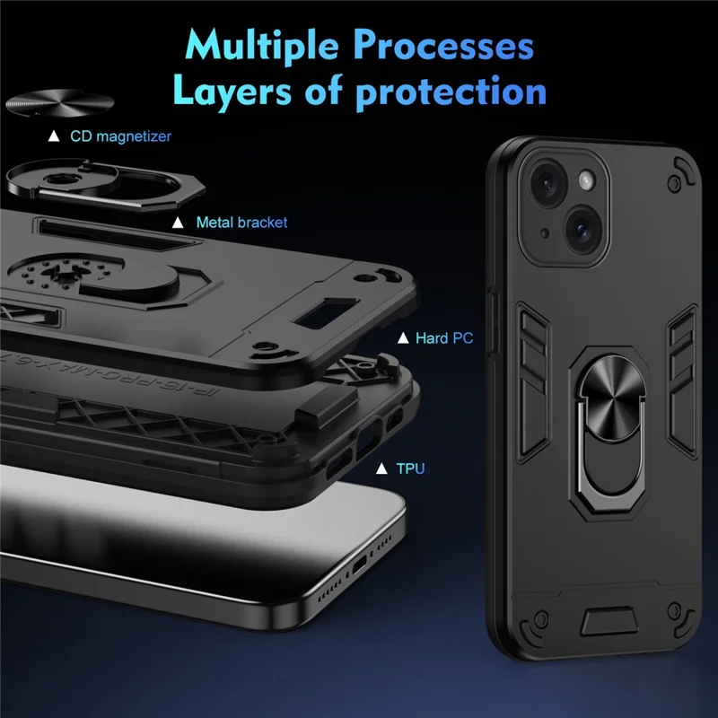 For iPhone 15 Cell Phone Case PC+TPU Kickstand Cover Fits Magnetic Car Mount - Black