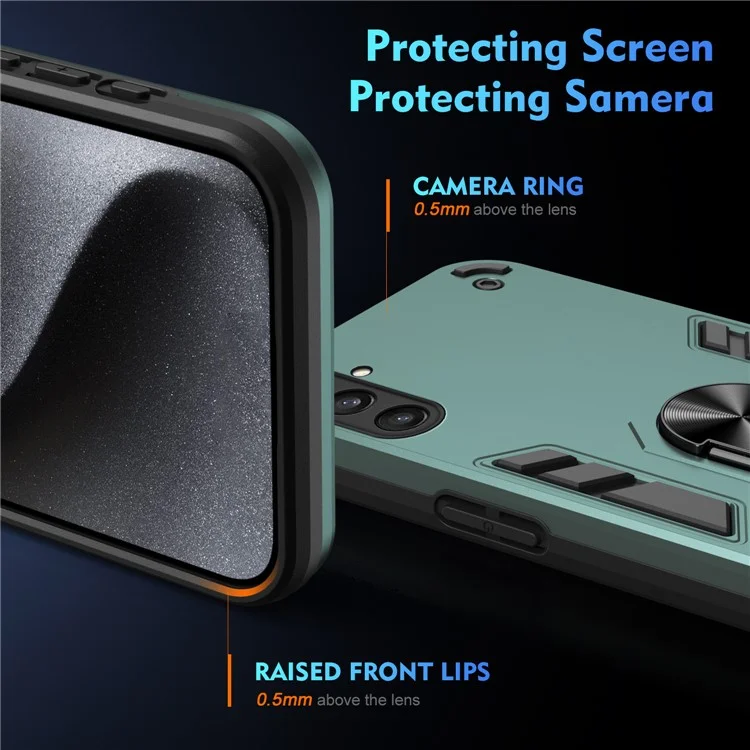 Phone Case for Samsung Galaxy S23 FE Cover Shockproof PC+TPU Rotating Ring Kickstand Shell - Green