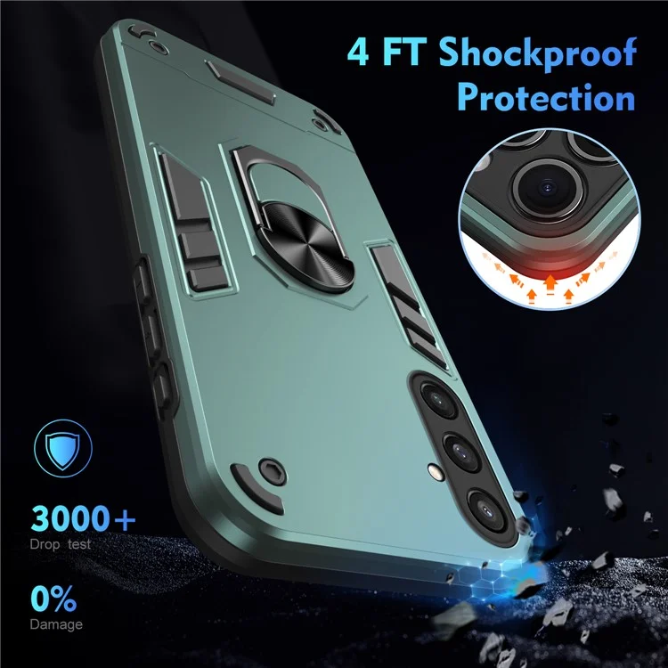 Phone Case for Samsung Galaxy S23 FE Cover Shockproof PC+TPU Rotating Ring Kickstand Shell - Green