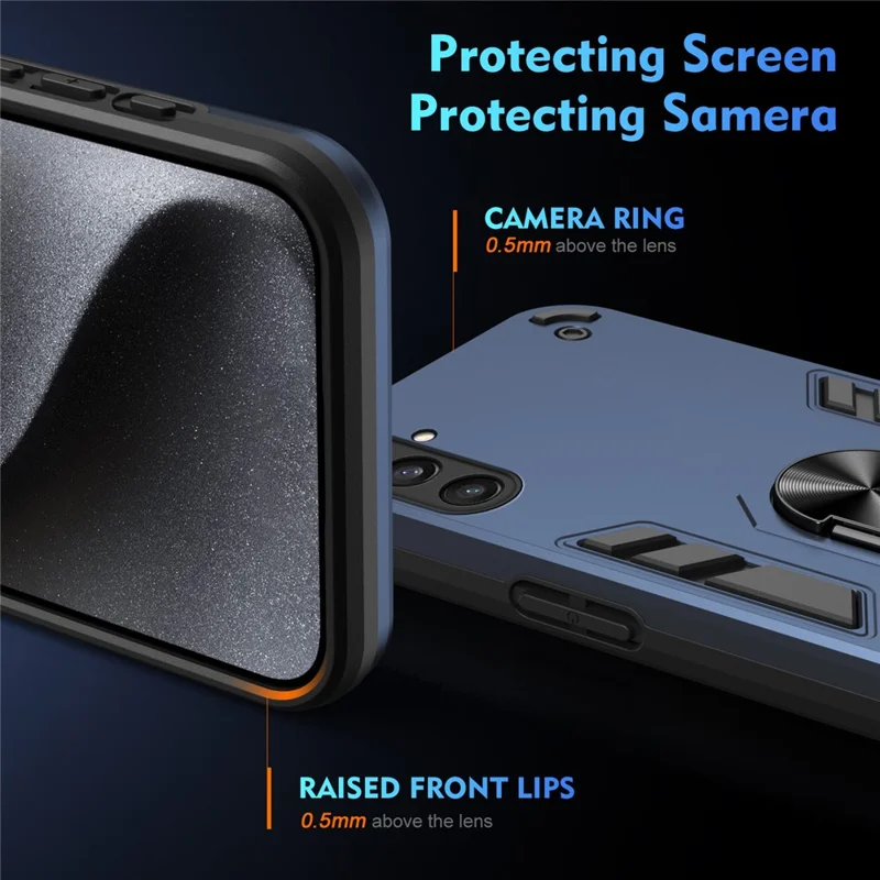 Phone Case for Samsung Galaxy S23 FE Cover Shockproof PC+TPU Rotating Ring Kickstand Shell - Blue