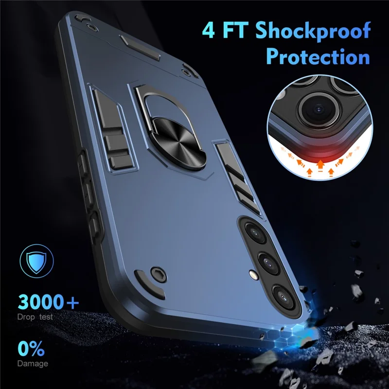 Phone Case for Samsung Galaxy S23 FE Cover Shockproof PC+TPU Rotating Ring Kickstand Shell - Blue