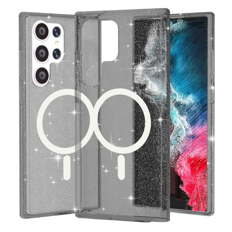 For Samsung Galaxy S24 Ultra Magnetic Case Glitter Hard PC+Soft TPU Phone Back Cover - Black