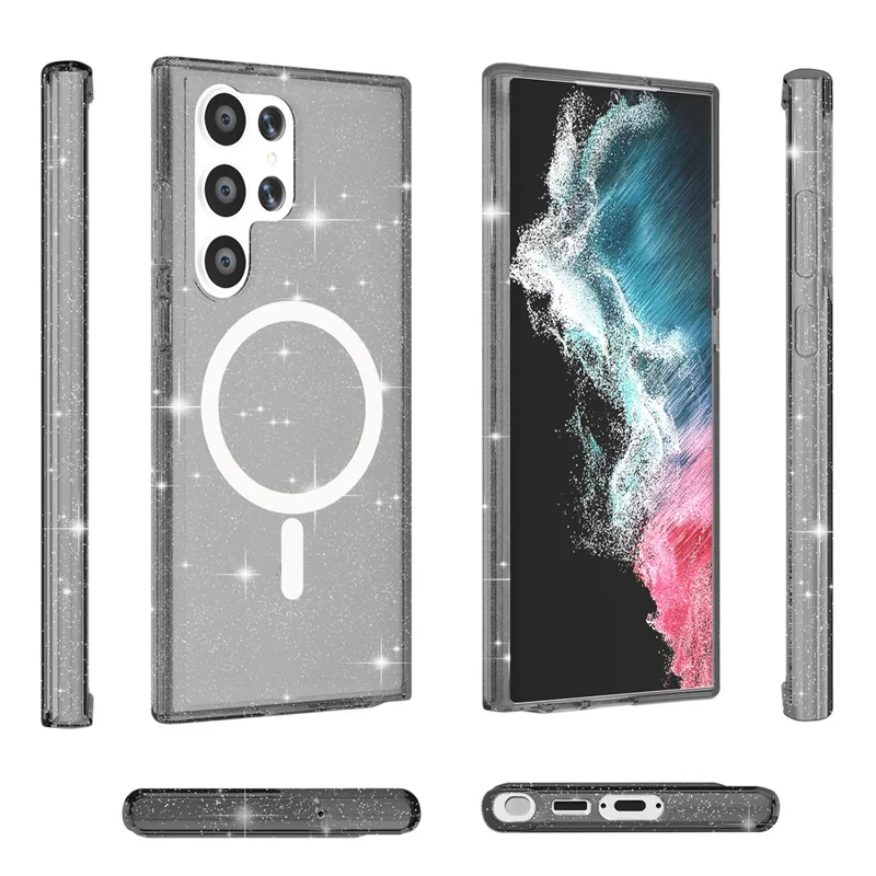 For Samsung Galaxy S24 Ultra Magnetic Case Glitter Hard PC+Soft TPU Phone Back Cover - Black