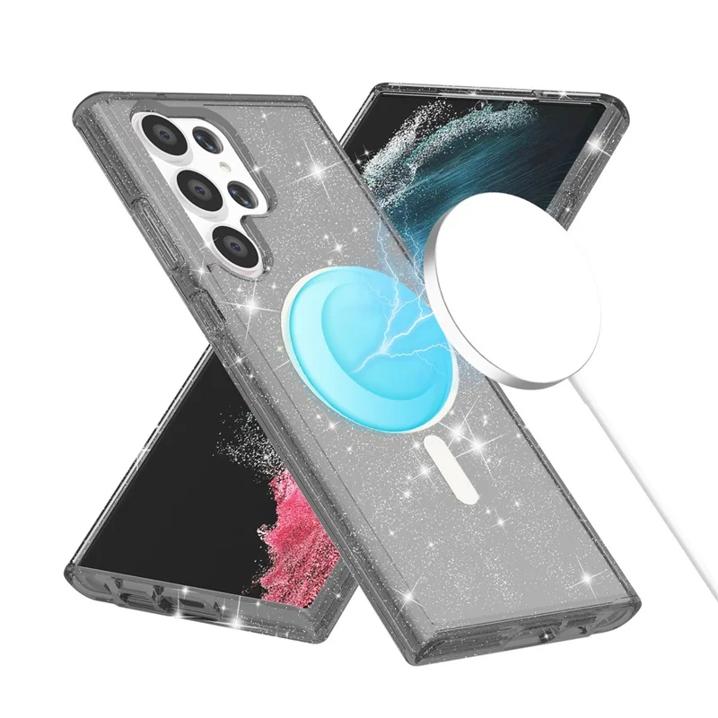 For Samsung Galaxy S24 Ultra Magnetic Case Glitter Hard PC+Soft TPU Phone Back Cover - Black