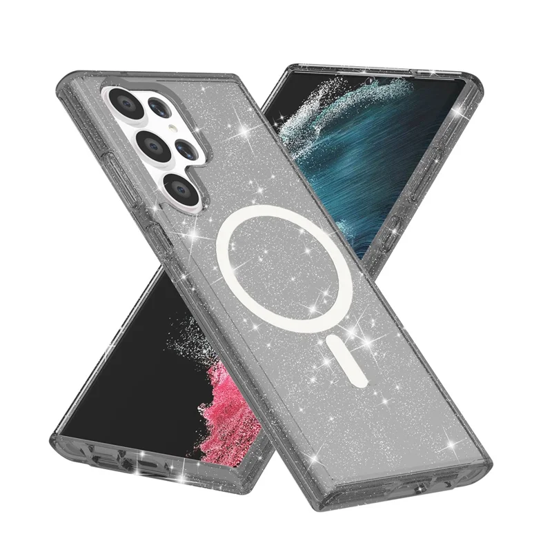 For Samsung Galaxy S24 Ultra Magnetic Case Glitter Hard PC+Soft TPU Phone Back Cover - Black