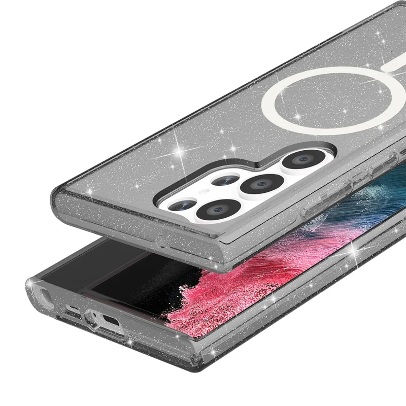 For Samsung Galaxy S24 Ultra Magnetic Case Glitter Hard PC+Soft TPU Phone Back Cover - Black