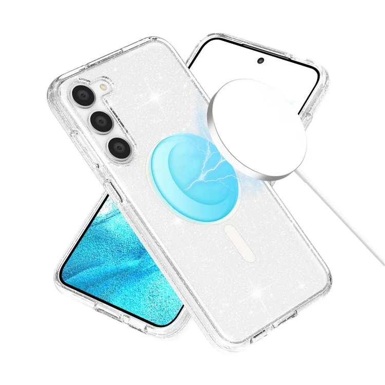 For Samsung Galaxy S24+ Magnetic Phone Case Glittery Powder Scratch-resistant Hard PC+TPU Cover - White