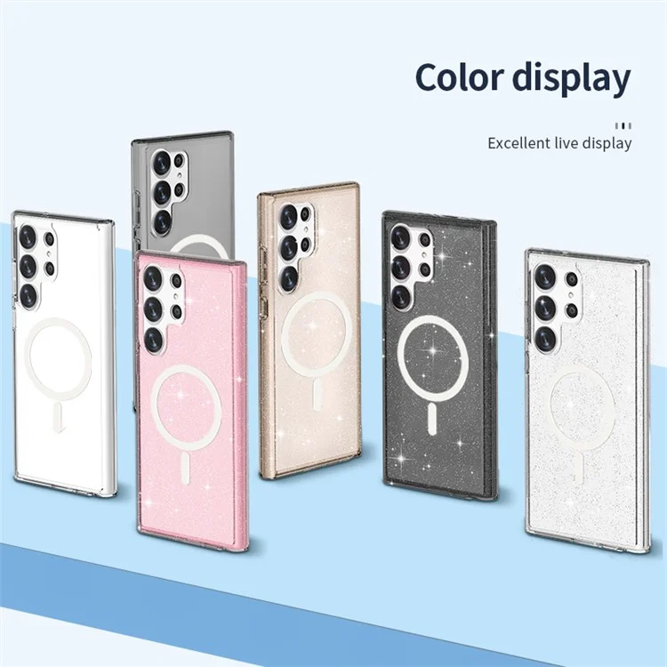 For Samsung Galaxy S24+ Magnetic Phone Case Glittery Powder Scratch-resistant Hard PC+TPU Cover - White