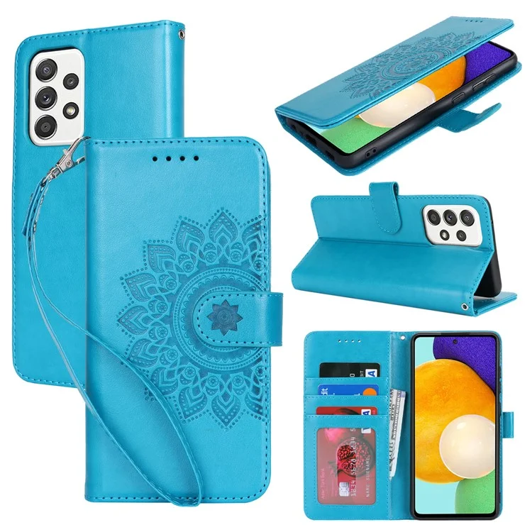 Per Samsung Galaxy A52 5G Case PU Leather R61 Texture Wallet Card Slots Phone Cover - Blu