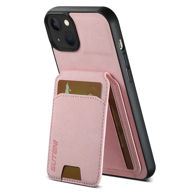 SUTENI H02 For iPhone 13 6.1 inch Case Litchi Texture Vertical Flip Kickstand Phone Cover - Pink