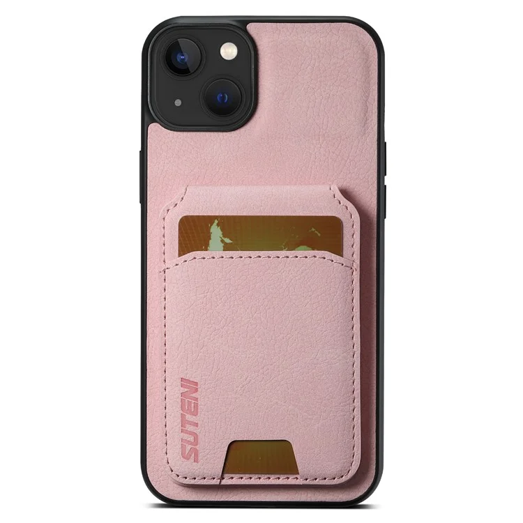 SUTENI H02 For iPhone 13 6.1 inch Case Litchi Texture Vertical Flip Kickstand Phone Cover - Pink