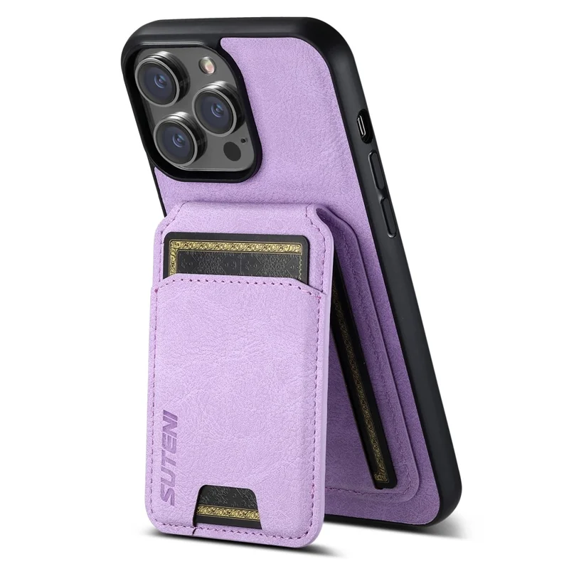 SUTENI H02 för iPhone 15 Pro Magnetisk mobilskal med Litchi-struktur Skinn Skållskydd baklucka - Lila
