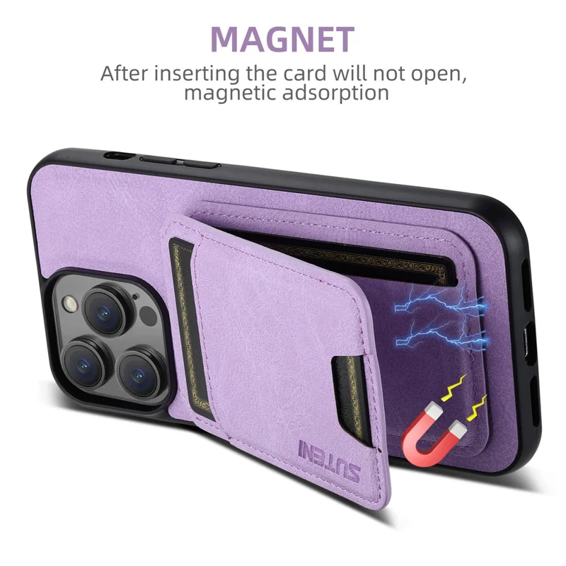 SUTENI H02 för iPhone 15 Pro Magnetisk mobilskal med Litchi-struktur Skinn Skållskydd baklucka - Lila
