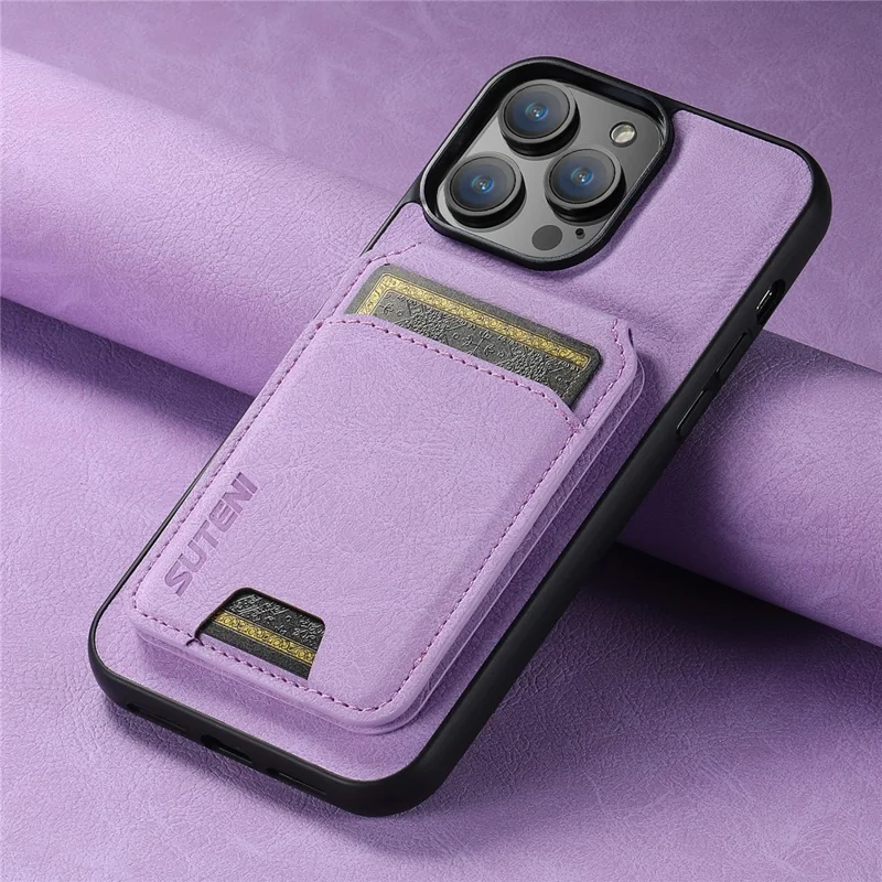 SUTENI H02 för iPhone 15 Pro Magnetisk mobilskal med Litchi-struktur Skinn Skållskydd baklucka - Lila