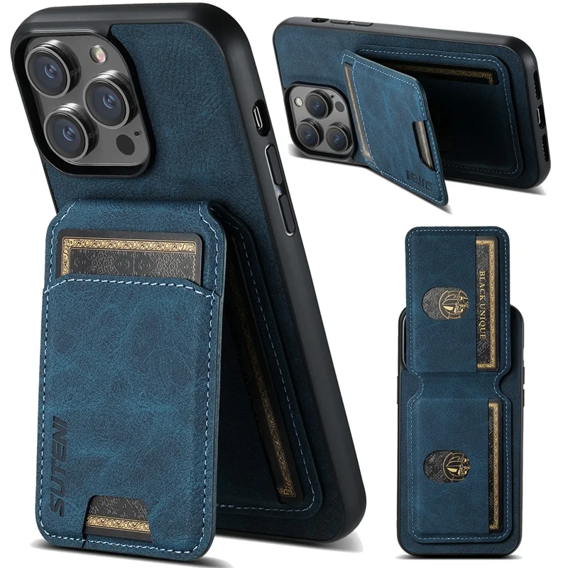 SUTENI H02 For iPhone 15 Pro Max Case Drop-proof Litchi Texture Smart Phone Cover with Card Holder - Blue