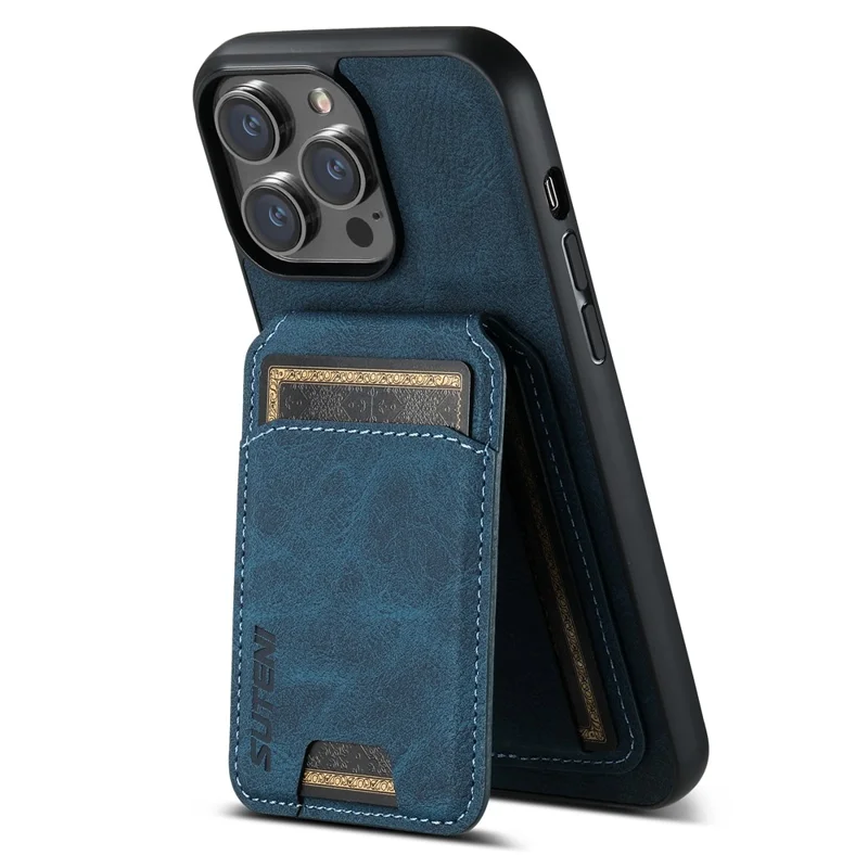 SUTENI H02 For iPhone 15 Pro Max Case Drop-proof Litchi Texture Smart Phone Cover with Card Holder - Blue