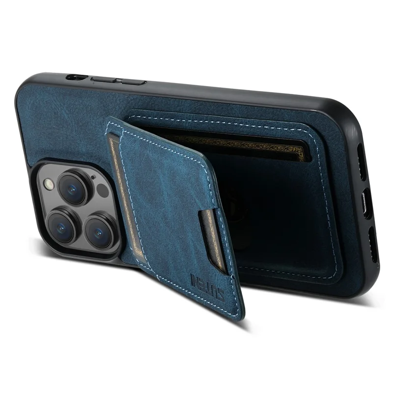 SUTENI H02 For iPhone 15 Pro Max Case Drop-proof Litchi Texture Smart Phone Cover with Card Holder - Blue