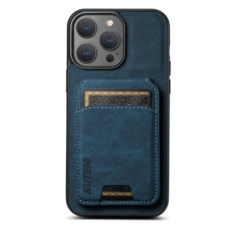 SUTENI H02 For iPhone 15 Pro Max Case Drop-proof Litchi Texture Smart Phone Cover with Card Holder - Blue