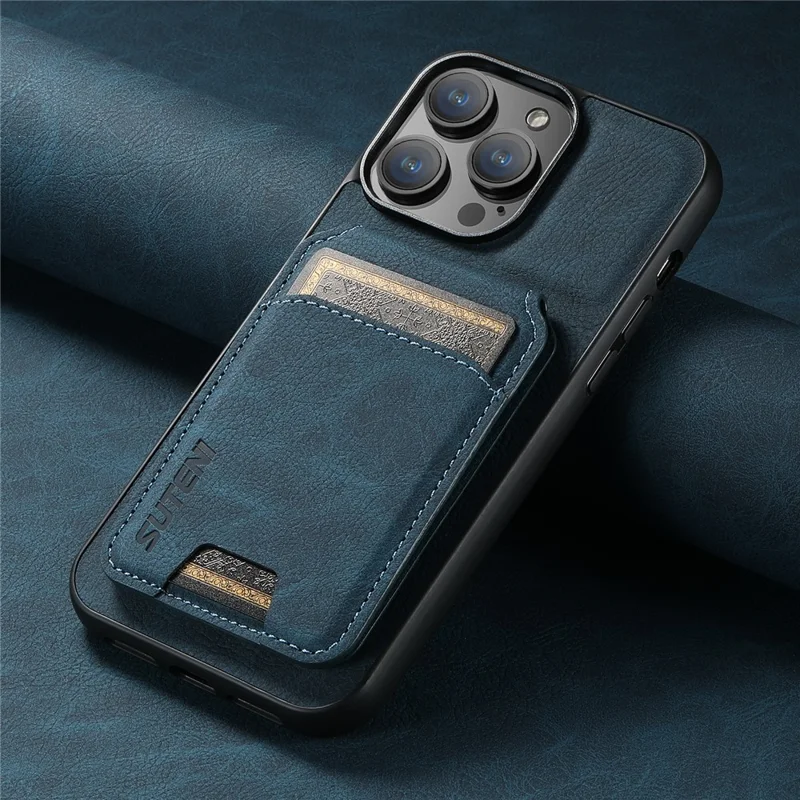 SUTENI H02 For iPhone 15 Pro Max Case Drop-proof Litchi Texture Smart Phone Cover with Card Holder - Blue