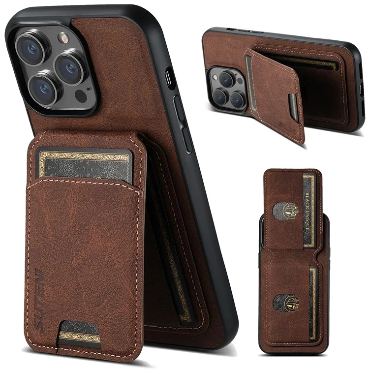 SUTENI H02 pour étui iPhone 14 Pro Flip vertical texture de litchi support intégré Protection arrière du téléphone - Marron