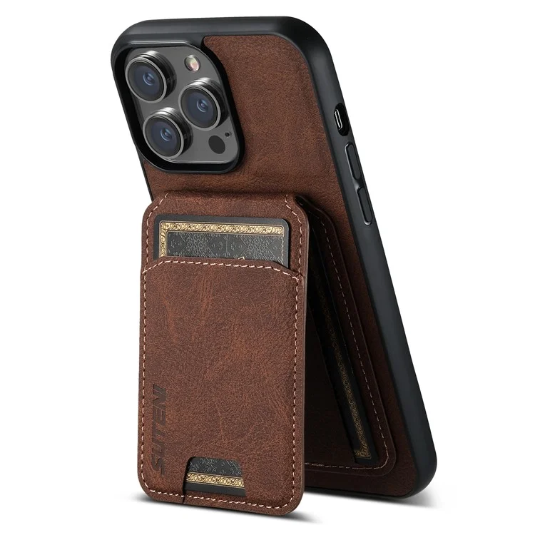 SUTENI H02 pour étui iPhone 14 Pro Flip vertical texture de litchi support intégré Protection arrière du téléphone - Marron