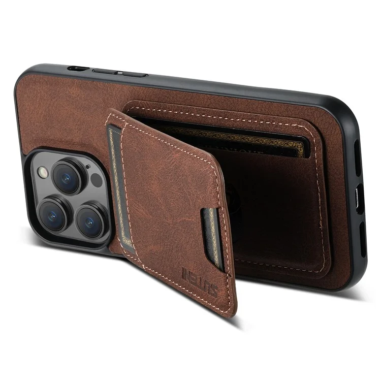 SUTENI H02 pour étui iPhone 14 Pro Flip vertical texture de litchi support intégré Protection arrière du téléphone - Marron