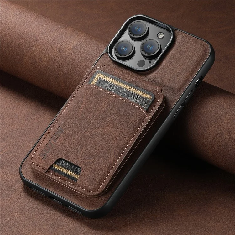 SUTENI H02 pour étui iPhone 14 Pro Flip vertical texture de litchi support intégré Protection arrière du téléphone - Marron