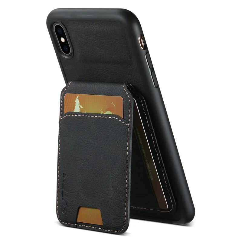 SUTENI H02 voor iPhone XS Max 6,5 inch lederen hoesje Litchi-structuur met kaartsleuven mobiele telefoonhoes - Zwart