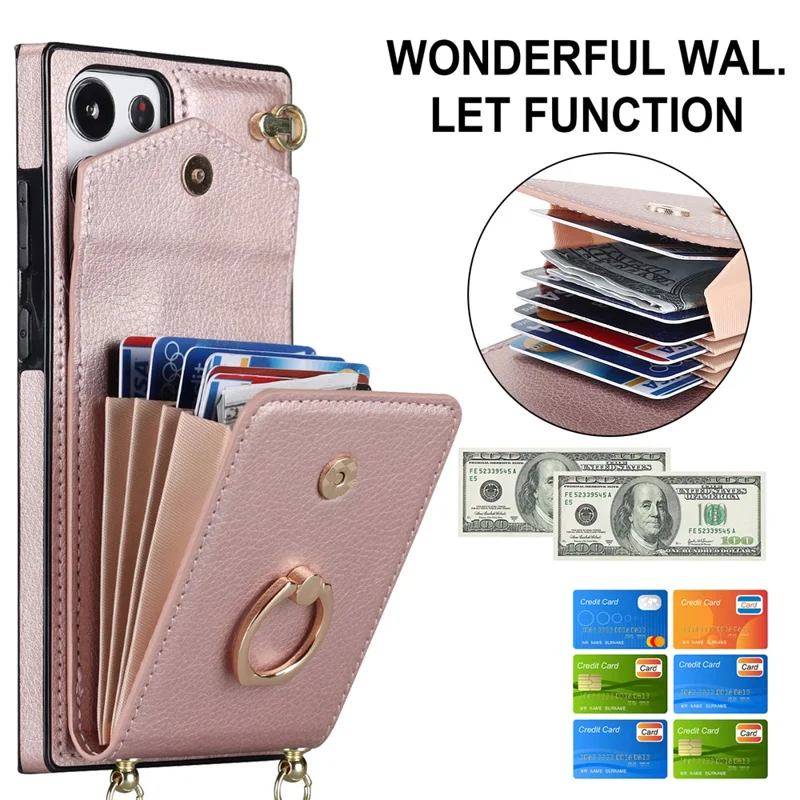 For Samsung Galaxy S22 Ultra 5G Phone Case Ring Kickstand Cover with 2 Straps - Rose Gold