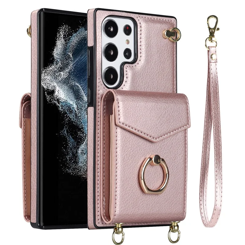 For Samsung Galaxy S22 Ultra 5G Phone Case Ring Kickstand Cover with 2 Straps - Rose Gold