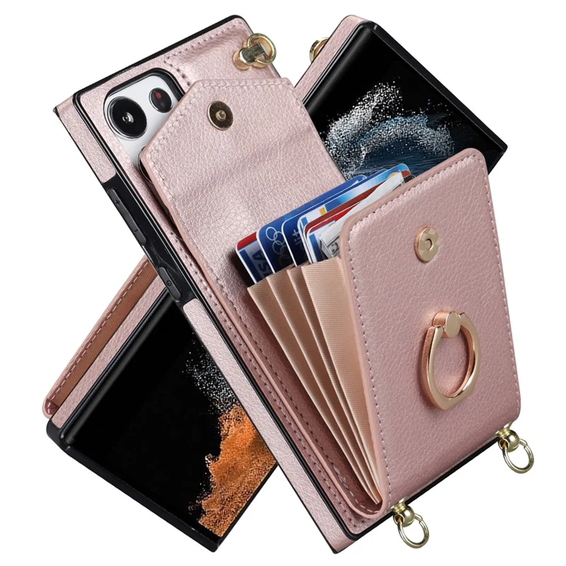 For Samsung Galaxy S22 Ultra 5G Phone Case Ring Kickstand Cover with 2 Straps - Rose Gold