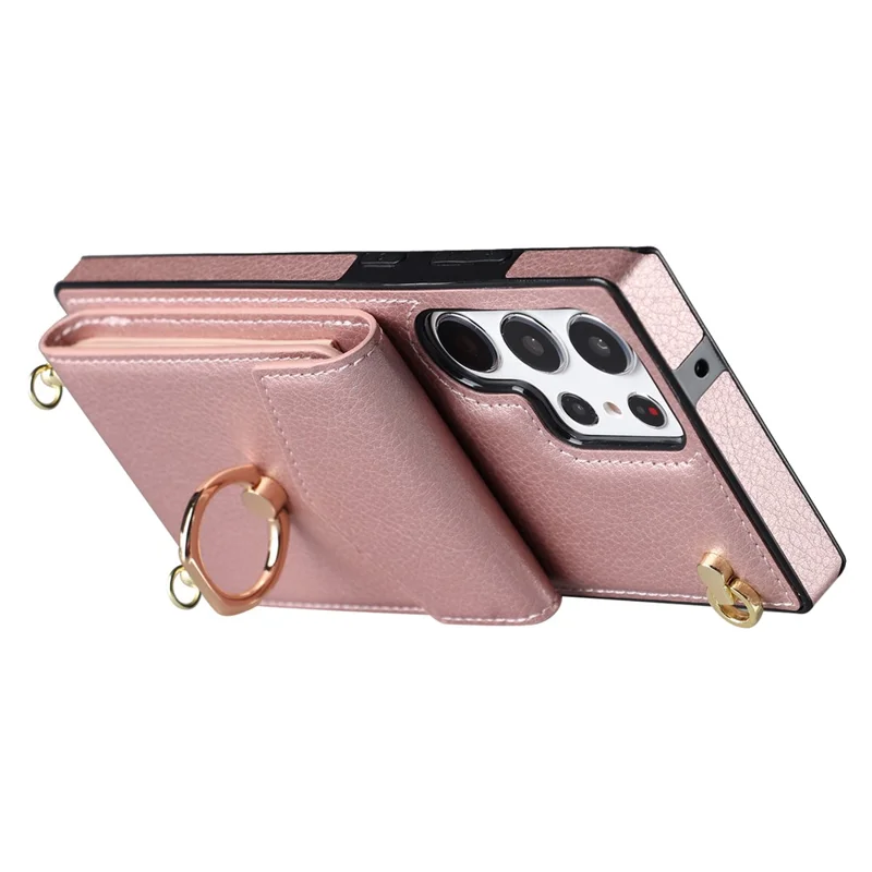 For Samsung Galaxy S22 Ultra 5G Phone Case Ring Kickstand Cover with 2 Straps - Rose Gold