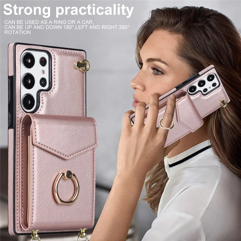 For Samsung Galaxy S22 Ultra 5G Phone Case Ring Kickstand Cover with 2 Straps - Rose Gold