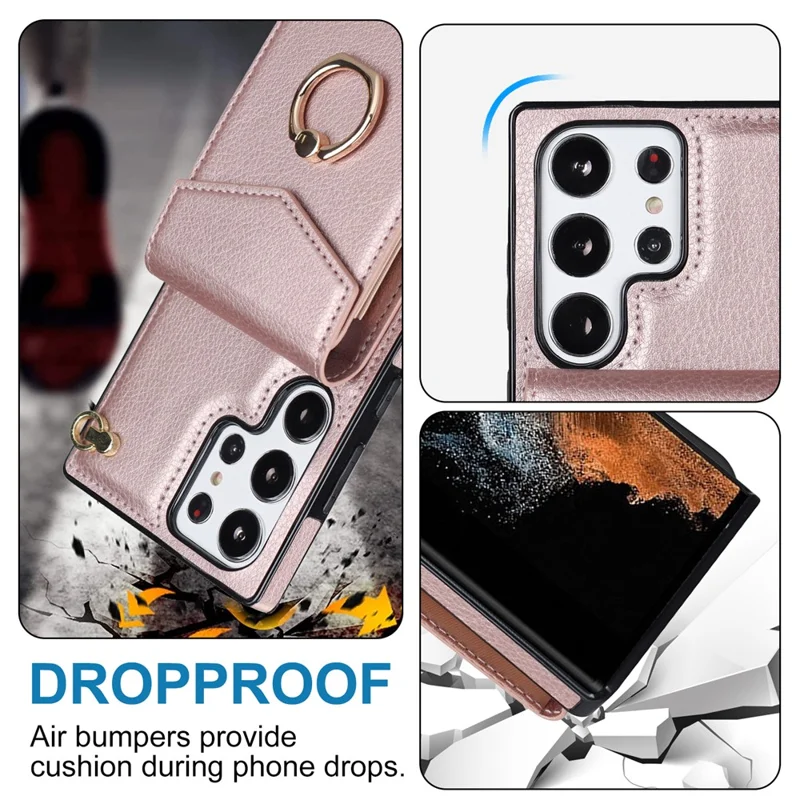 For Samsung Galaxy S22 Ultra 5G Phone Case Ring Kickstand Cover with 2 Straps - Rose Gold